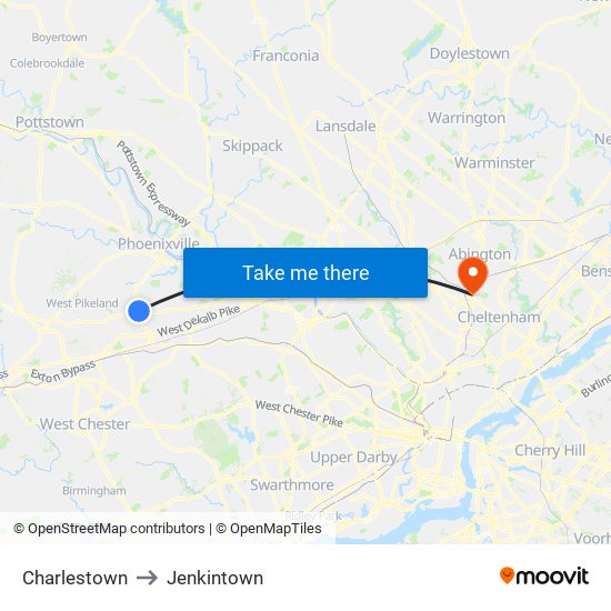 Charlestown to Jenkintown map