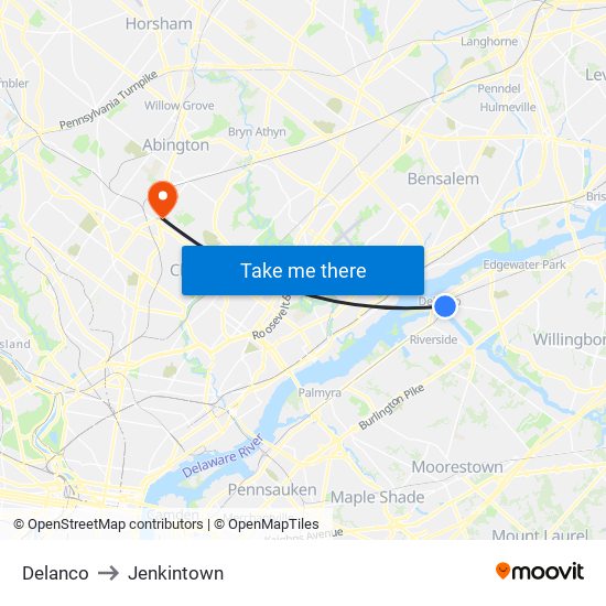 Delanco to Jenkintown map