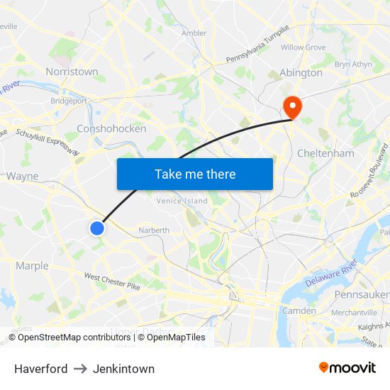 Haverford to Jenkintown map