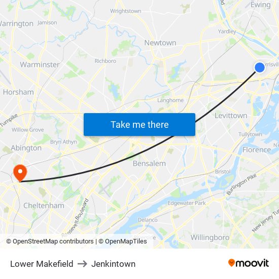 Lower Makefield to Jenkintown map