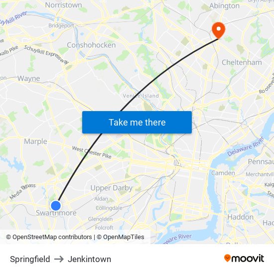 Springfield to Jenkintown map