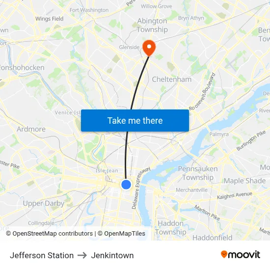 Jefferson Station to Jenkintown map