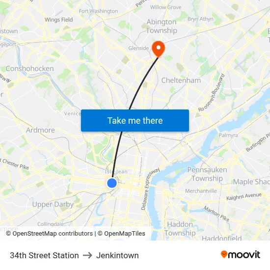34th Street Station to Jenkintown map