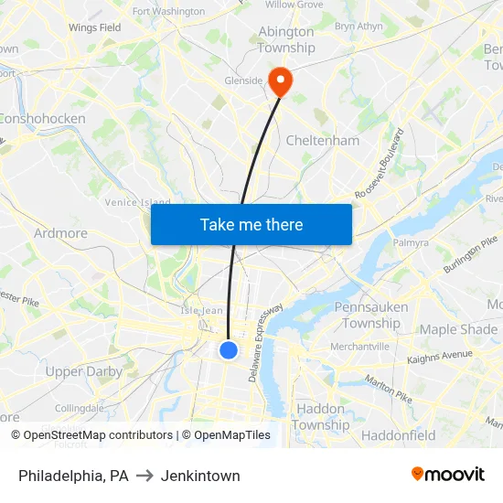 Philadelphia, PA to Jenkintown map
