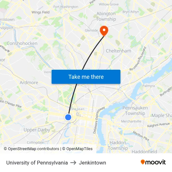 University of Pennsylvania to Jenkintown map