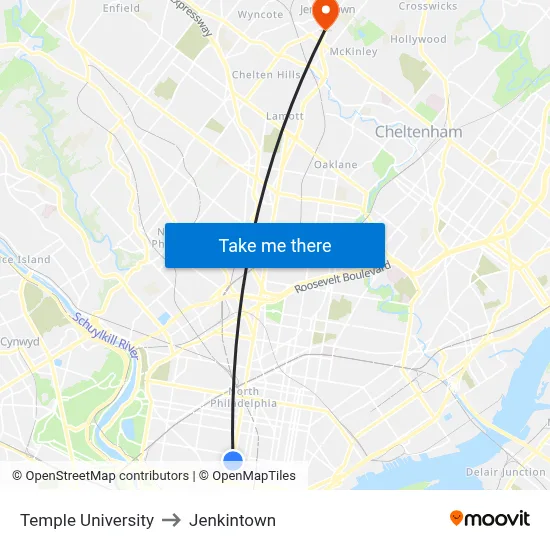 Temple University to Jenkintown map