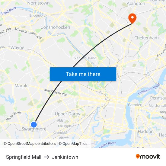Springfield Mall to Jenkintown map