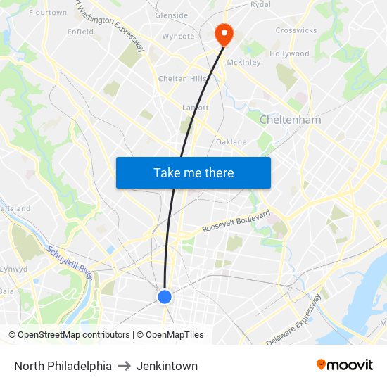 North Philadelphia to Jenkintown map