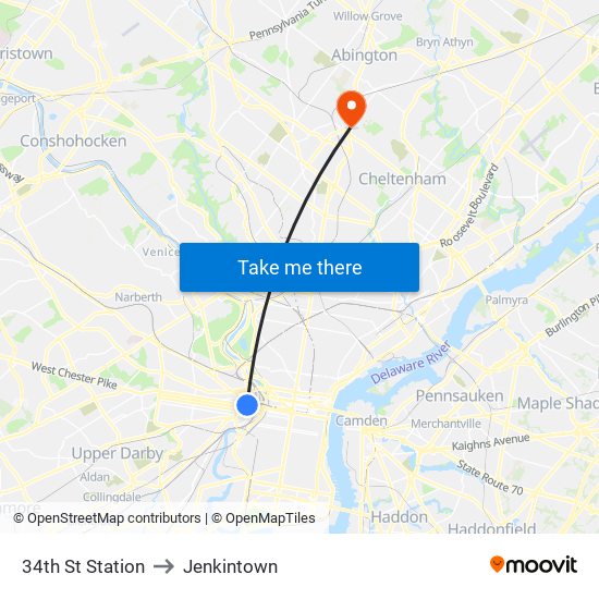 34th St Station to Jenkintown map