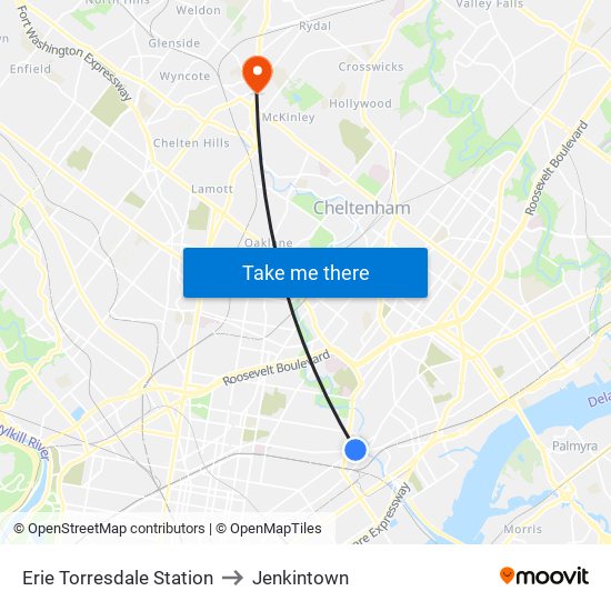 Erie Torresdale Station to Jenkintown map