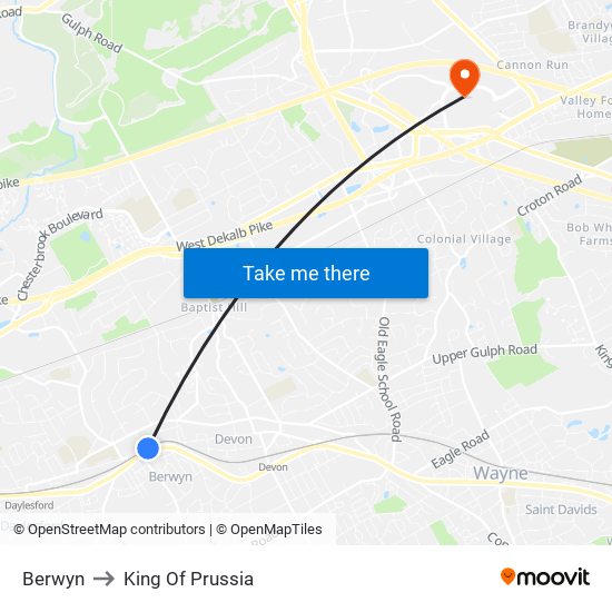 Berwyn to King Of Prussia map