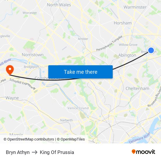 Bryn Athyn to King Of Prussia map