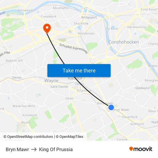 Bryn Mawr to King Of Prussia map