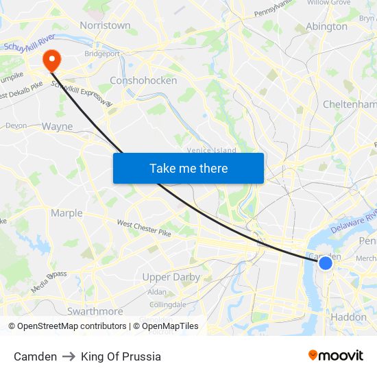 Camden to King Of Prussia map