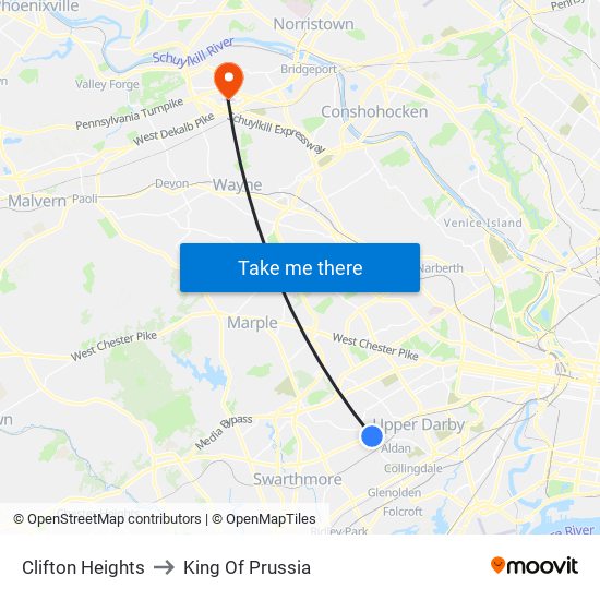 Clifton Heights to King Of Prussia map