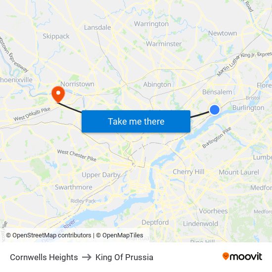 Cornwells Heights to King Of Prussia map