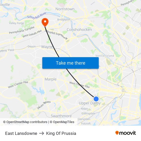 East Lansdowne to King Of Prussia map
