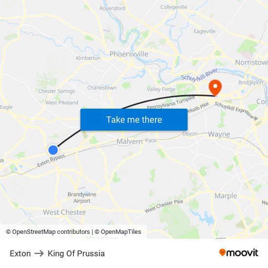 Exton to King Of Prussia map