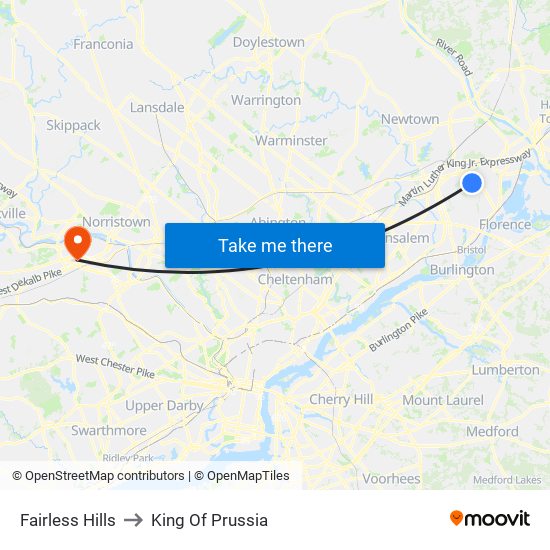 Fairless Hills to King Of Prussia map