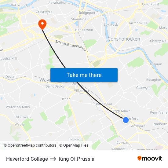 Haverford College to King Of Prussia map