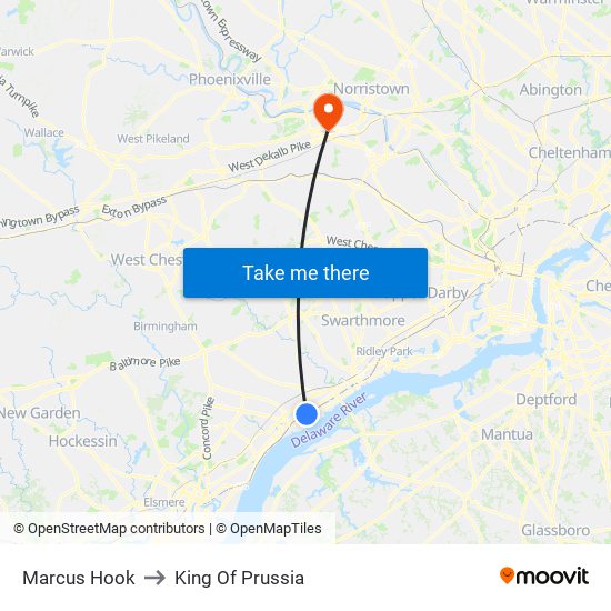 Marcus Hook to King Of Prussia map