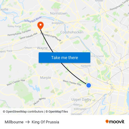 Millbourne to King Of Prussia map