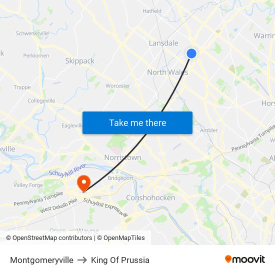 Montgomeryville to King Of Prussia map