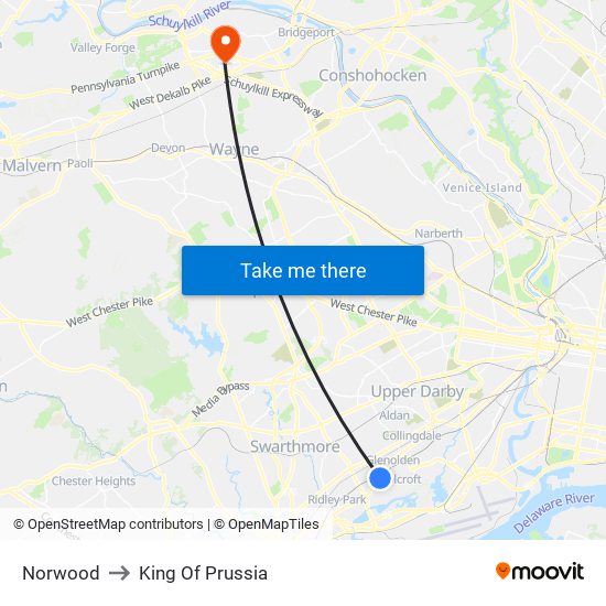 Norwood to King Of Prussia map