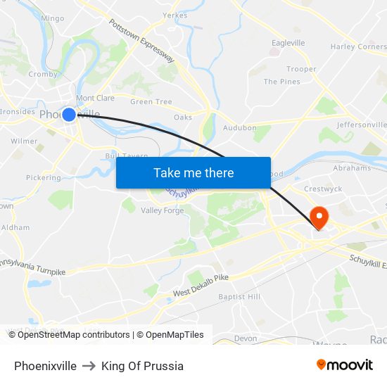 Phoenixville to King Of Prussia map
