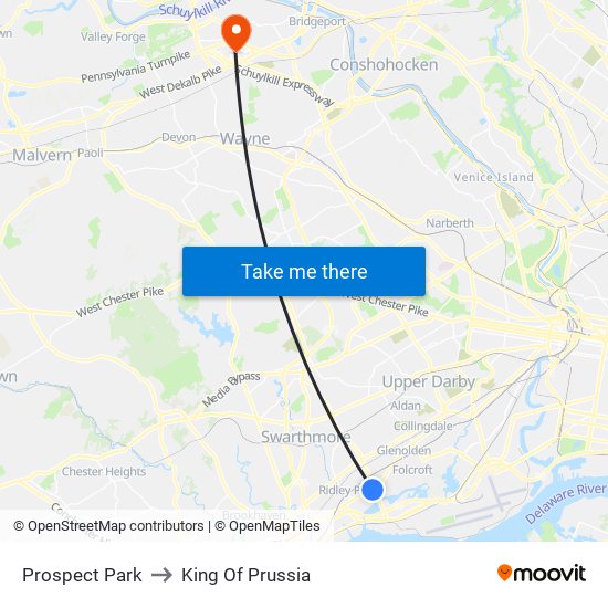 Prospect Park to King Of Prussia map