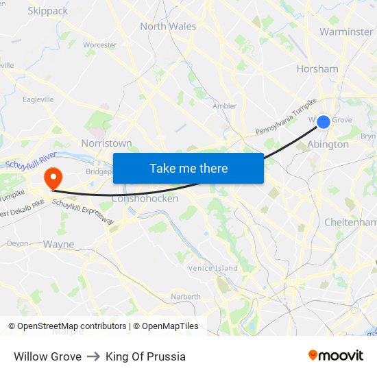 Willow Grove to King Of Prussia map