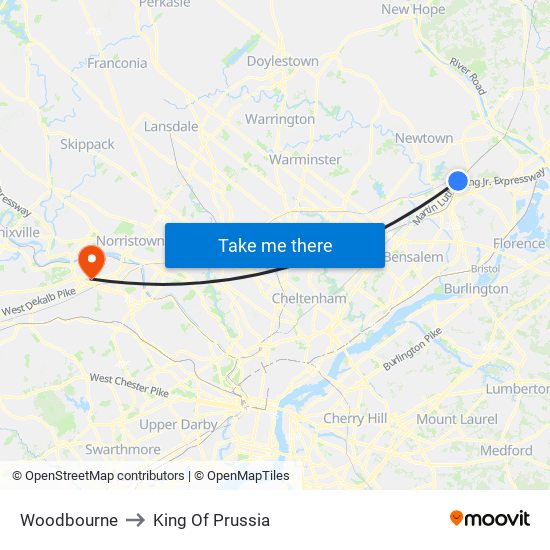 Woodbourne to King Of Prussia map