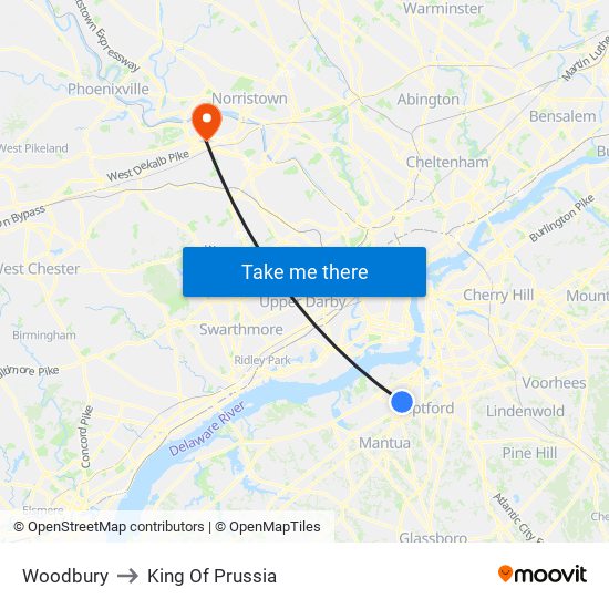Woodbury to King Of Prussia map