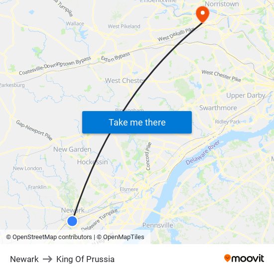 Newark to King Of Prussia map