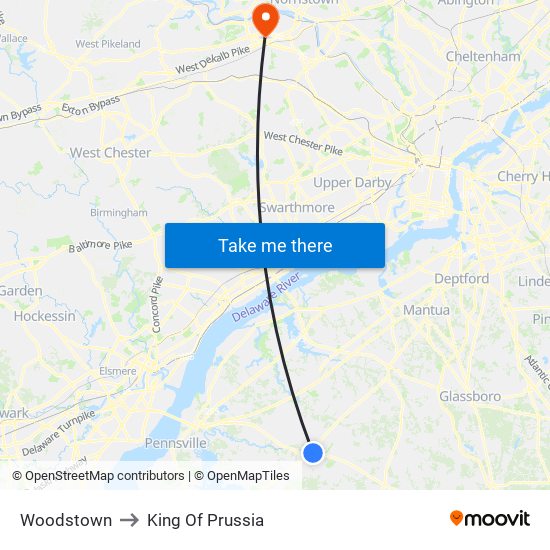 Woodstown to King Of Prussia map