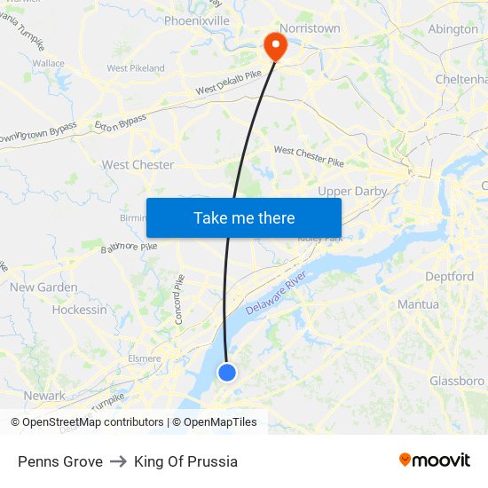 Penns Grove to King Of Prussia map