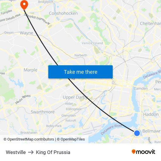 Westville to King Of Prussia map