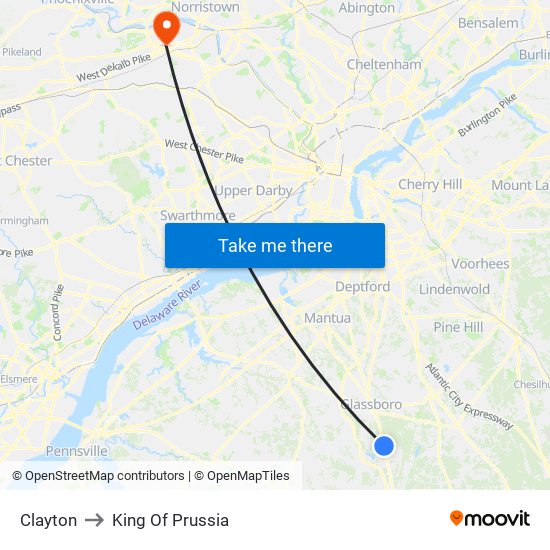 Clayton to King Of Prussia map