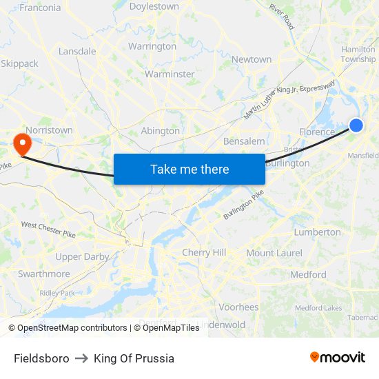 Fieldsboro to King Of Prussia map