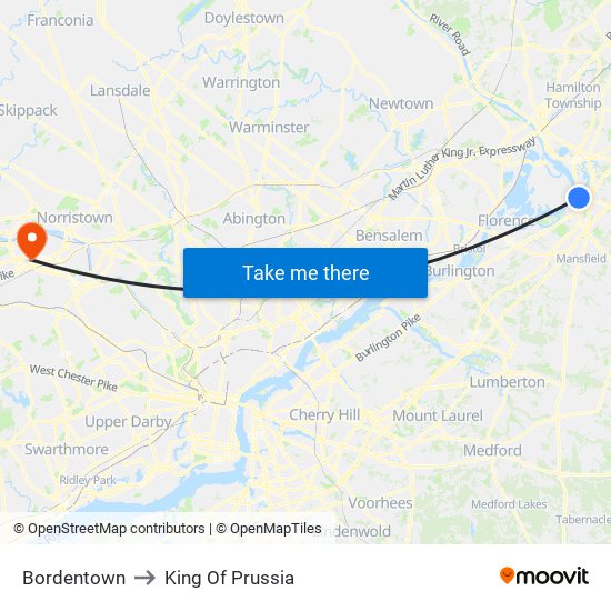 Bordentown to King Of Prussia map