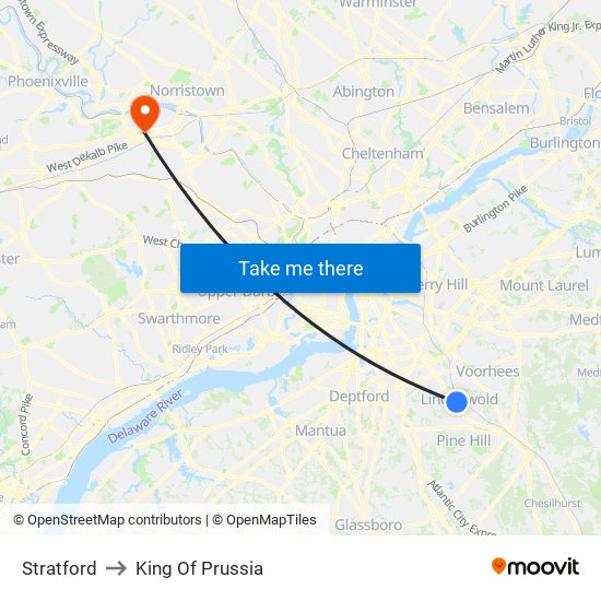 Stratford to King Of Prussia map