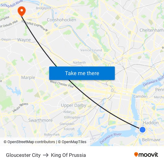 Gloucester City to King Of Prussia map