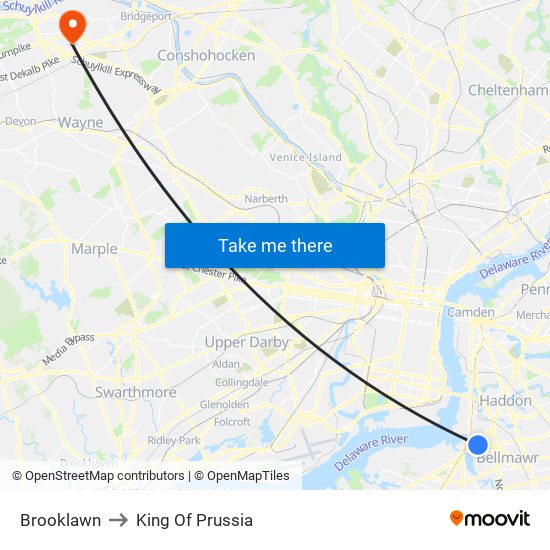 Brooklawn to King Of Prussia map