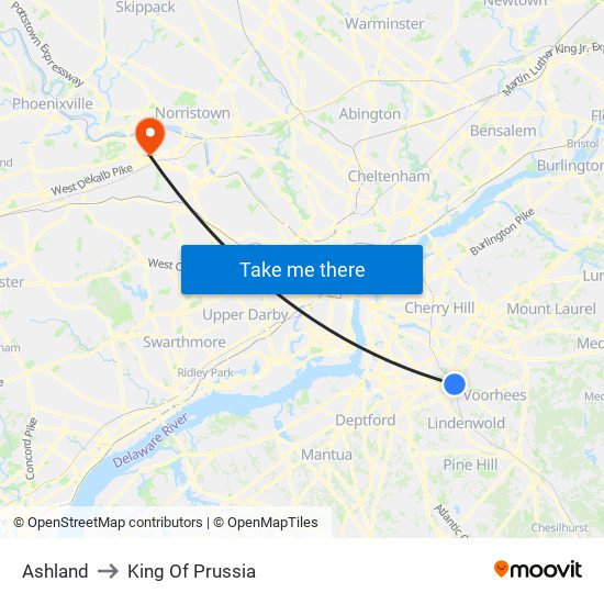 Ashland to King Of Prussia map