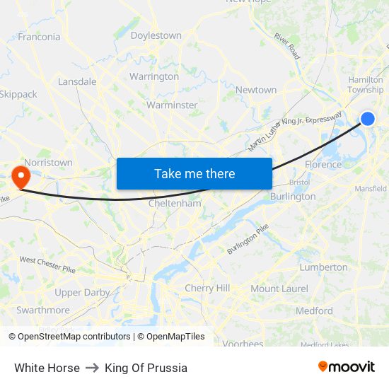White Horse to King Of Prussia map