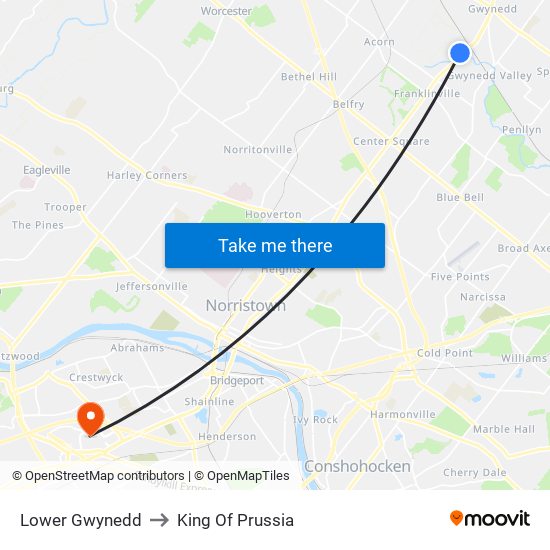 Lower Gwynedd to King Of Prussia map