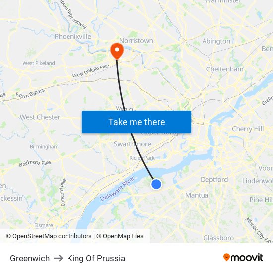 Greenwich to King Of Prussia map