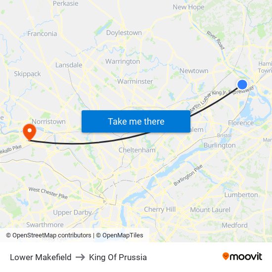 Lower Makefield to King Of Prussia map