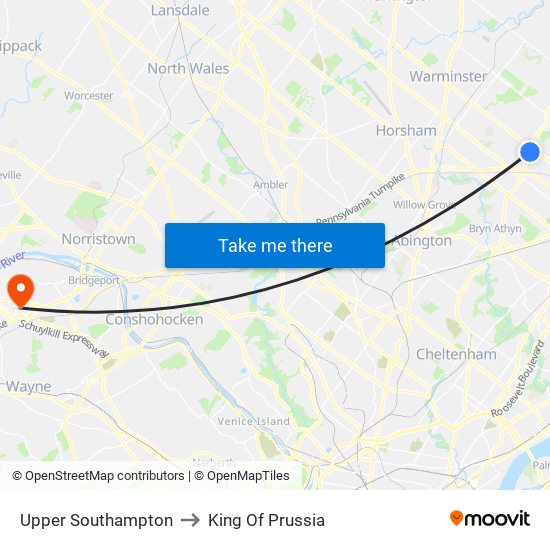 Upper Southampton to King Of Prussia map