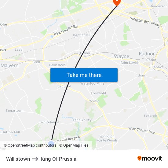 Willistown to King Of Prussia map